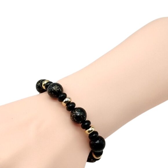 Black Beaded Stretch Bracelet with Gold Accents - Boho Chic Statement Jewelry - Picture 5 of 11